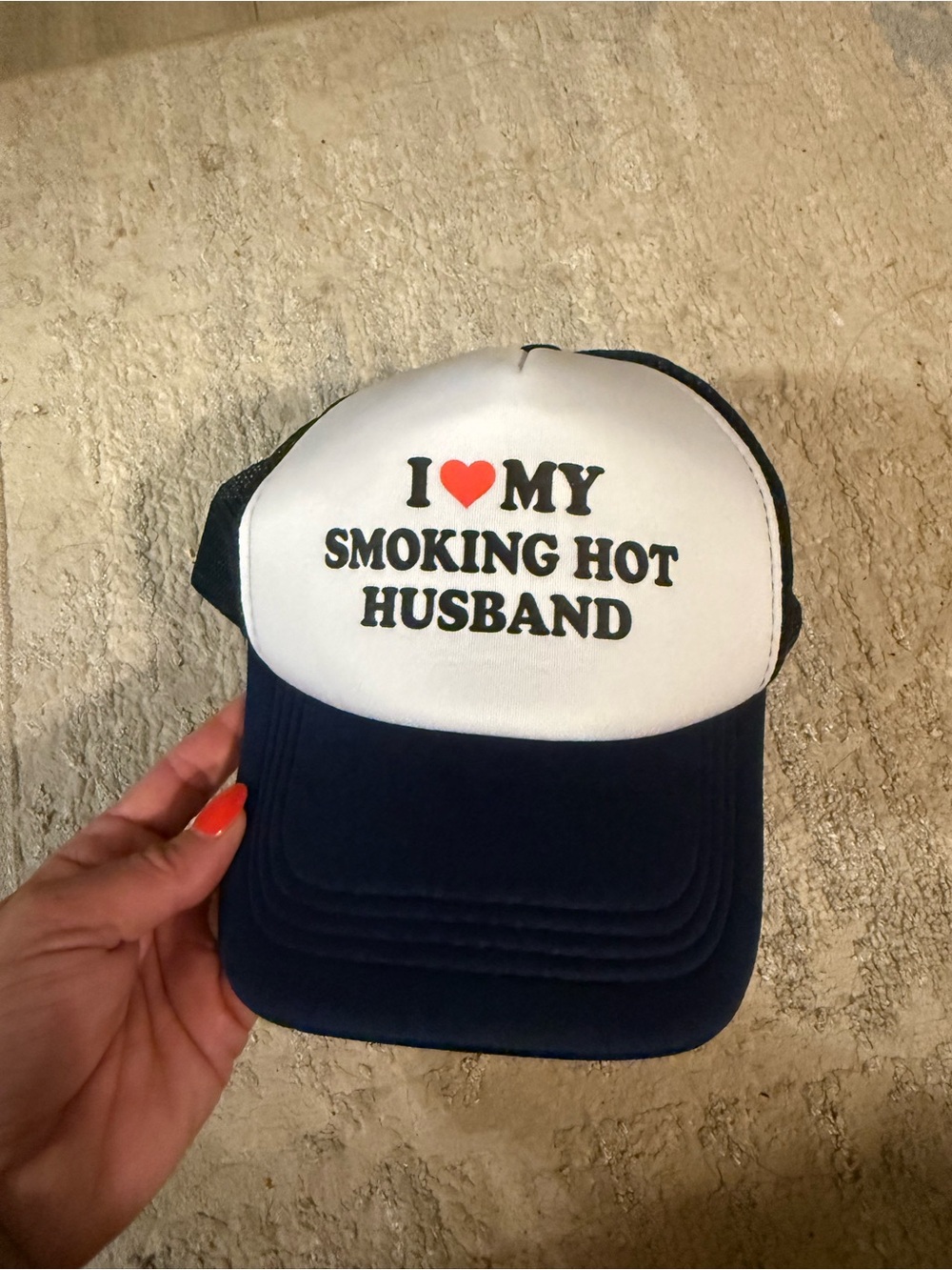 I Love My Smoking Hot Husband Trucker Hat - White & Navy